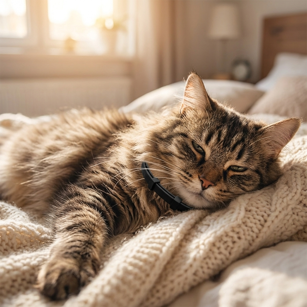 Content cat resting on a bed wearing the black Serene collar