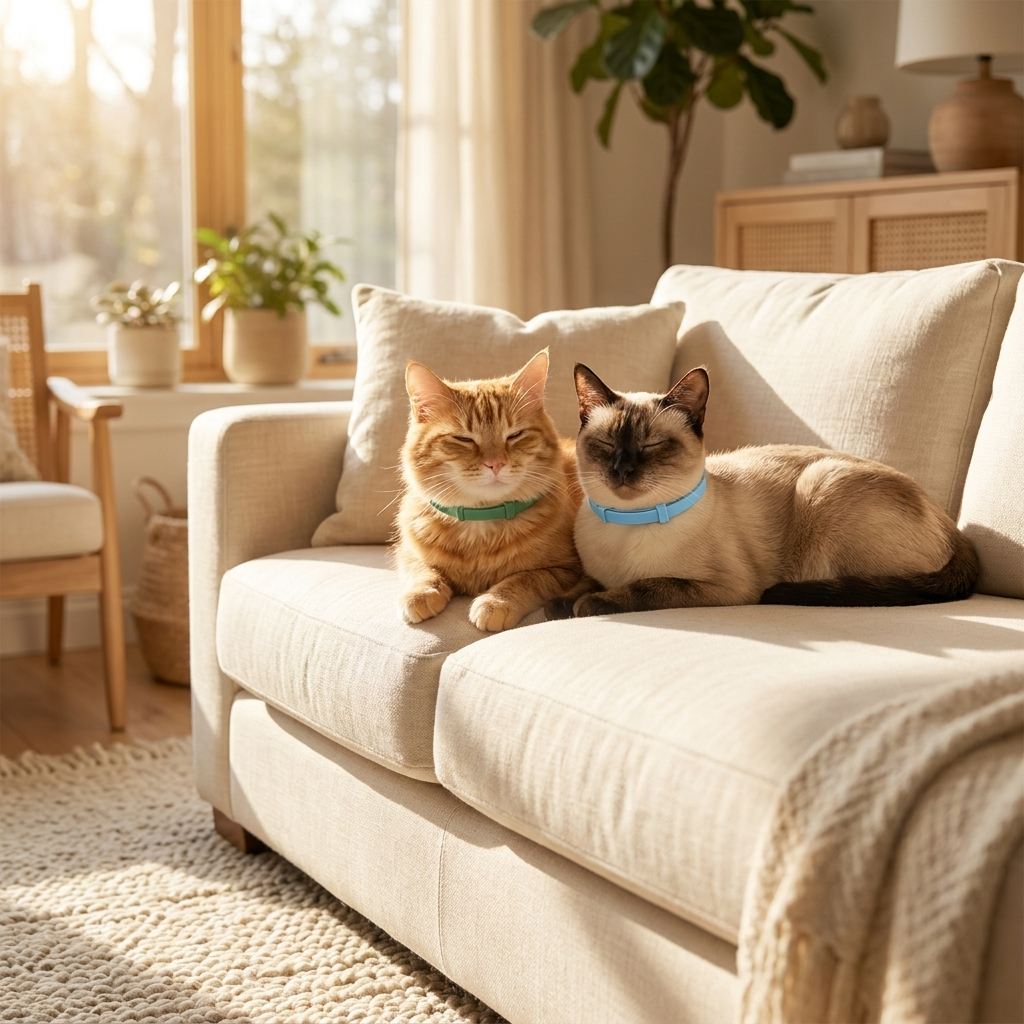 Two calm cats wearing Serene collars in a sunlit home