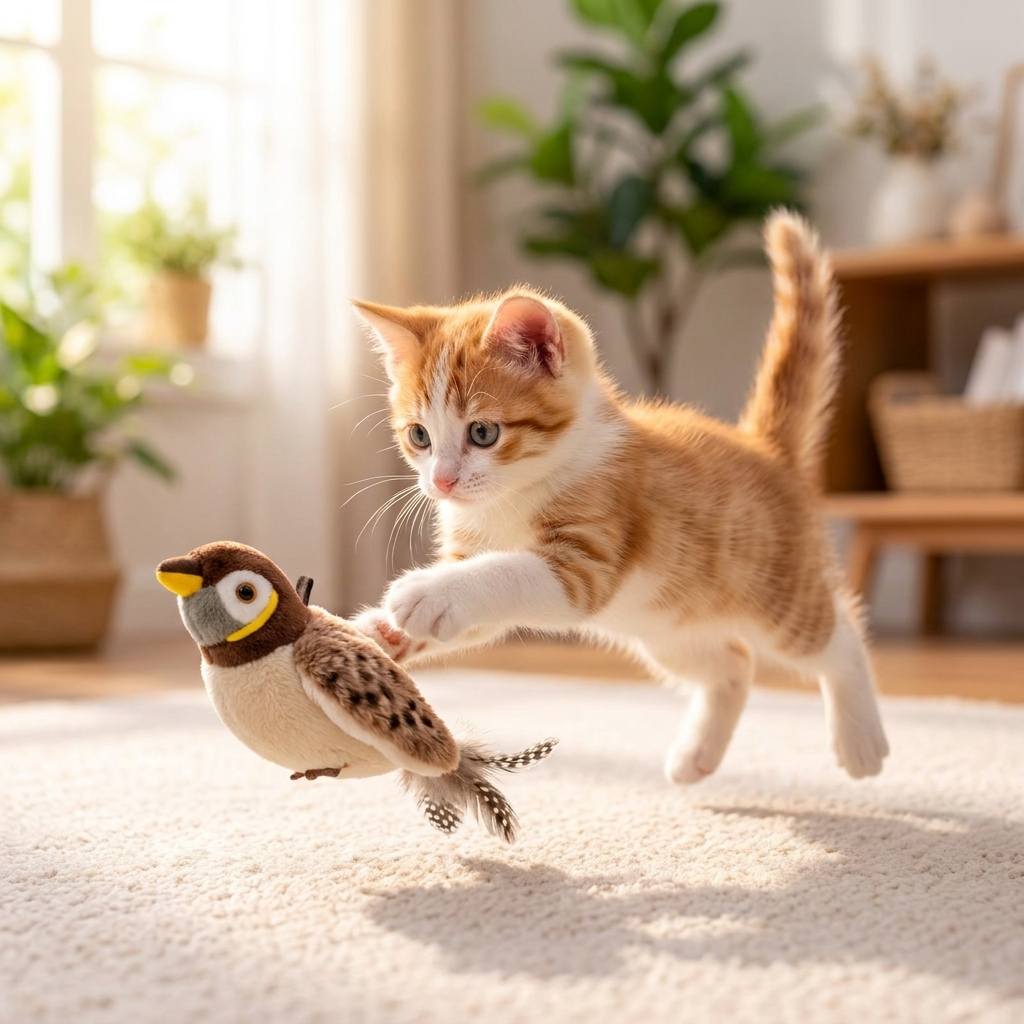 Kitten pouncing on the Wren bird toy