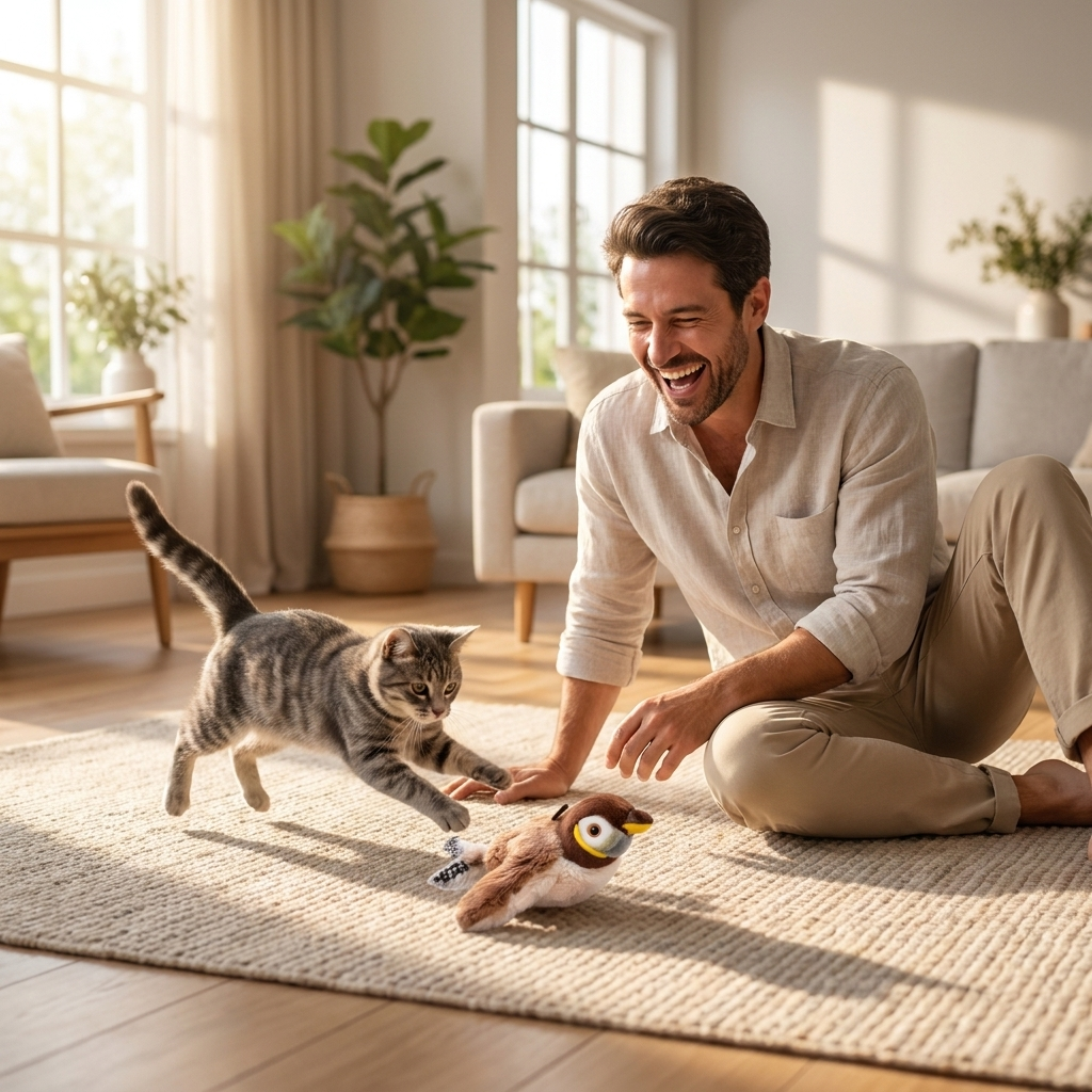 Man playing with his cat and the Wren bird toy
