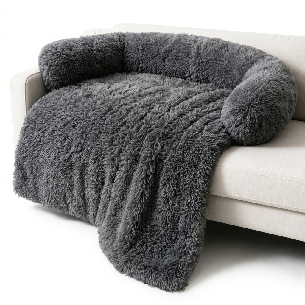 Willow plush faux-fur calming cat sofa protector, dark grey