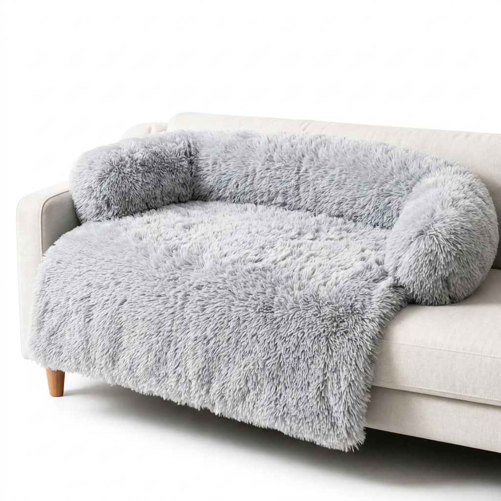 Willow plush faux-fur calming cat sofa protector, light grey