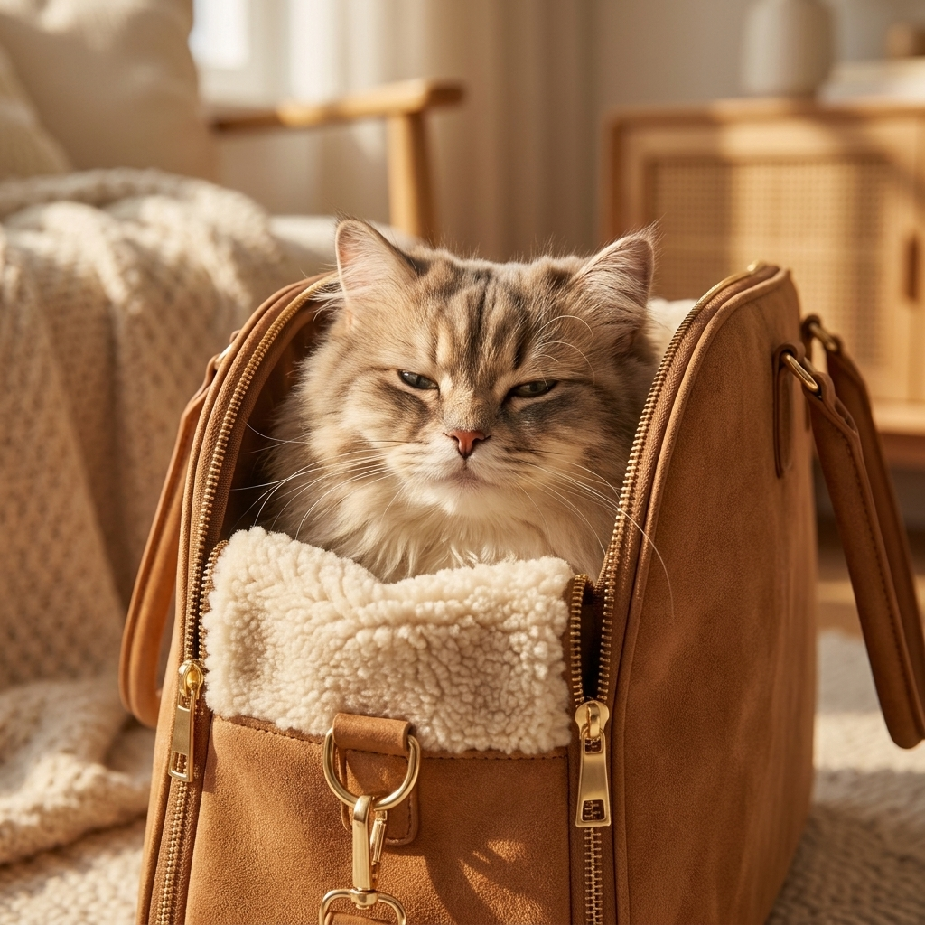 Cat peeking out of the brown Marlowe carrier tote