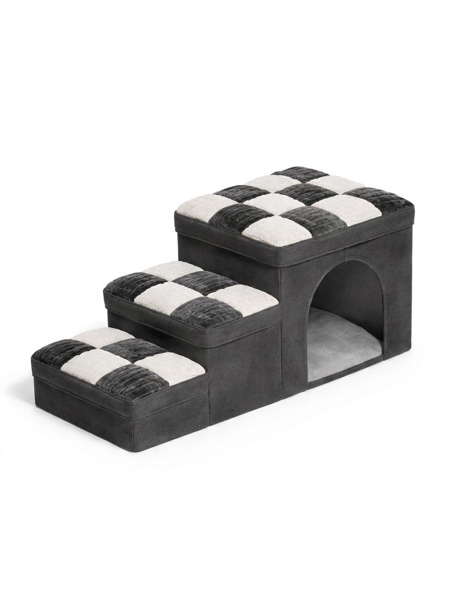 Escala Designer Cat Stairs in Charcoal Grey with checkerboard cushioned steps and arched den