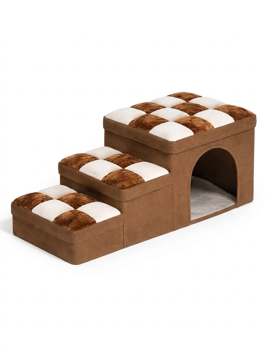 Escala Designer Cat Stairs in Warm Brown with checkerboard cushioned steps and arched den