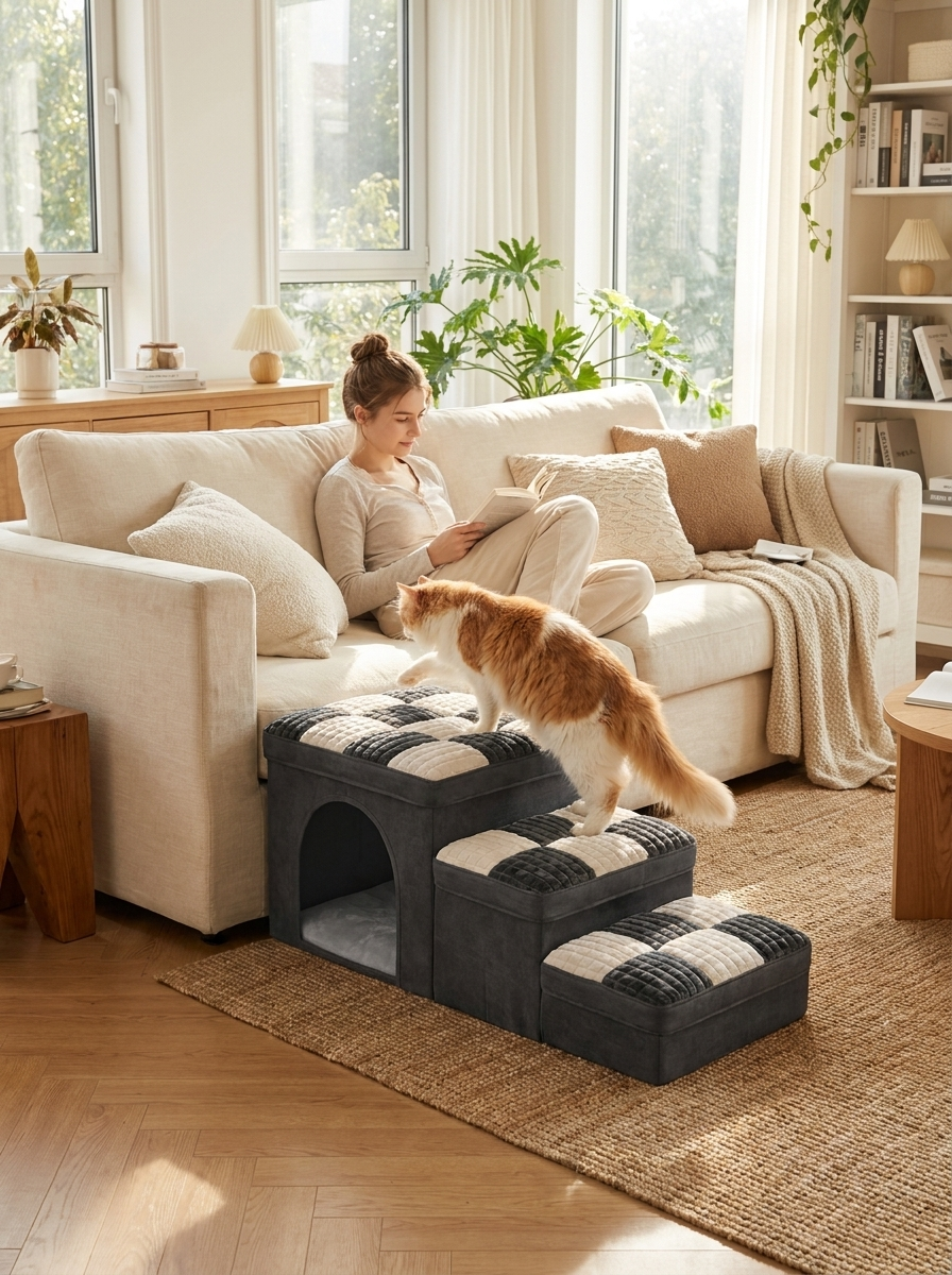 Cat climbing grey Escala cat stairs to a sofa while a woman reads
