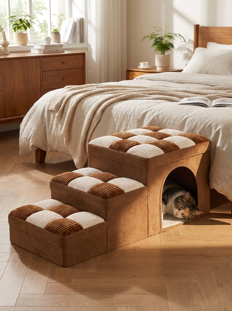 Cat asleep in the arched den of the brown Escala cat stairs beside a bed