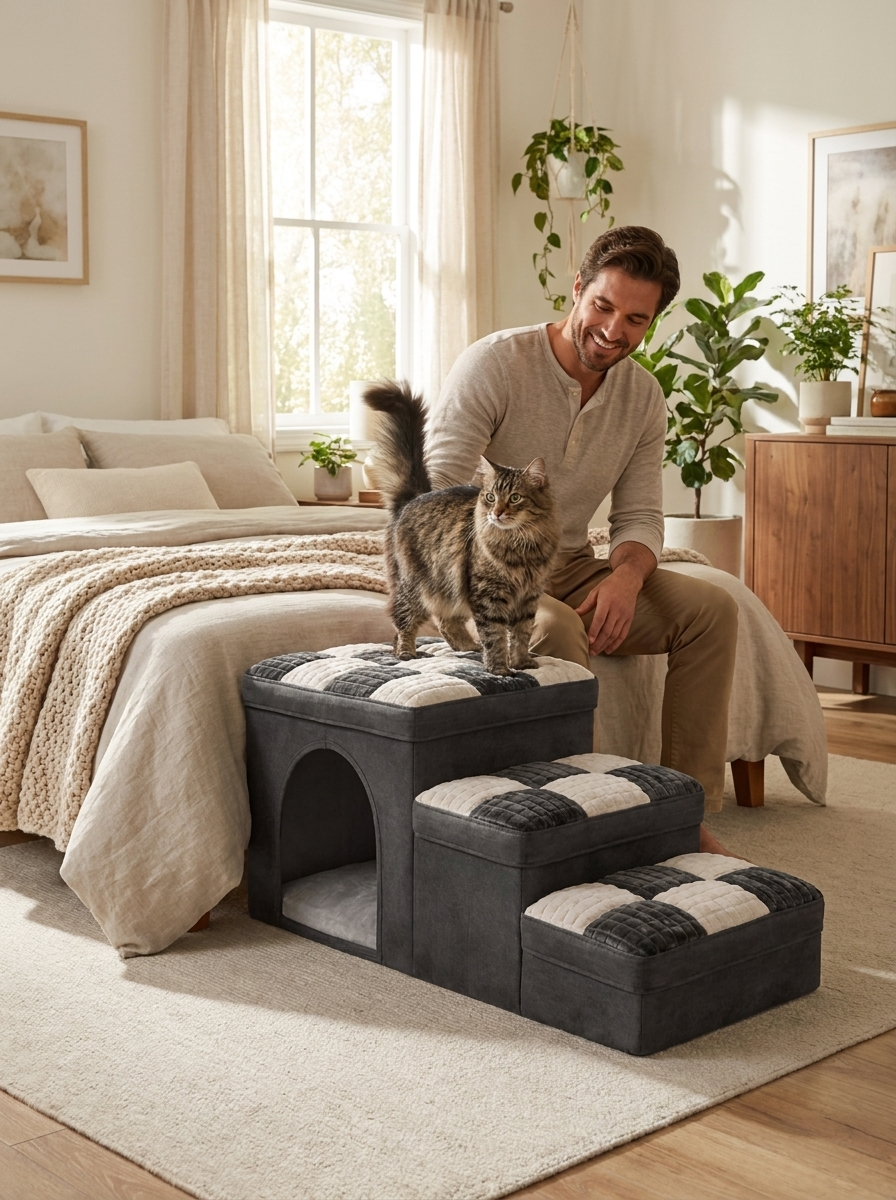 Cat standing on top step of grey Escala cat stairs as a man smiles