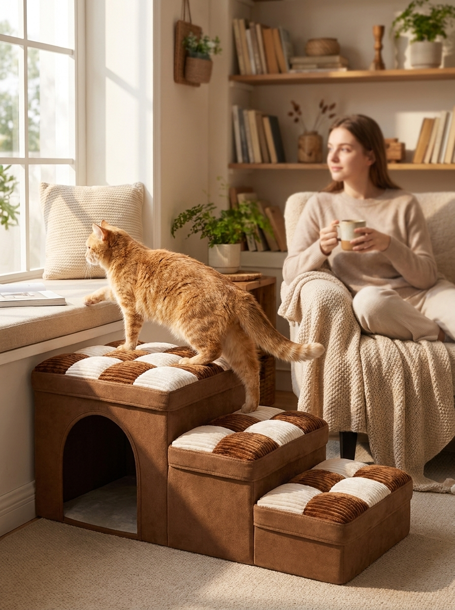 Cat climbing brown Escala cat stairs to a window perch