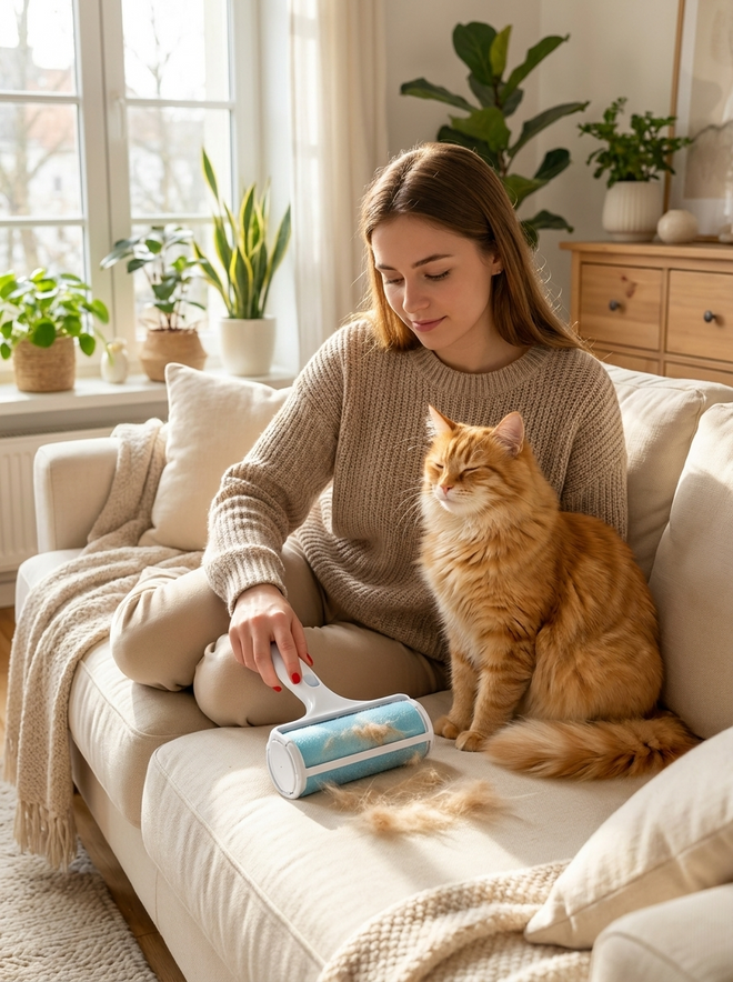 Woman using the Fern fur roller on a sofa cushion beside her cat