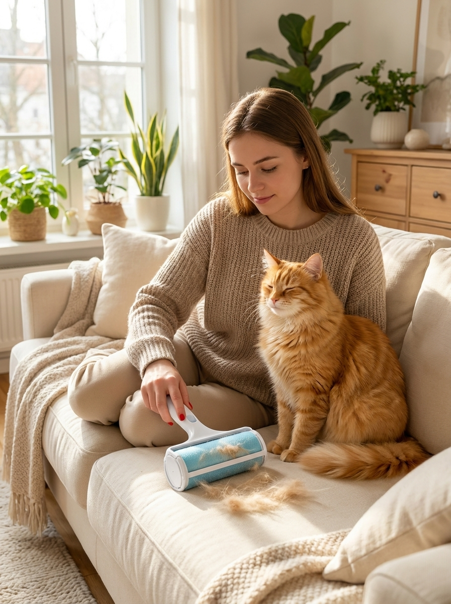 Woman using the Fern fur roller on a sofa cushion beside her cat