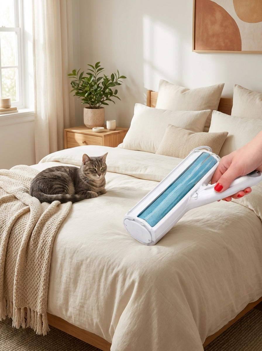 Woman rolling cat fur off a bed duvet with a cat lounging