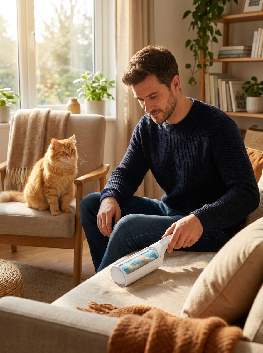 Man using the Fern fur roller with his cat nearby