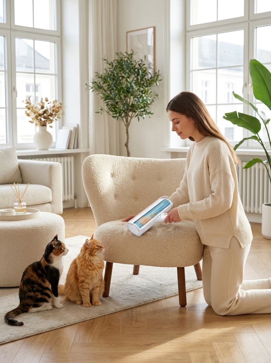 Woman rolling cat fur off an armchair while two cats watch