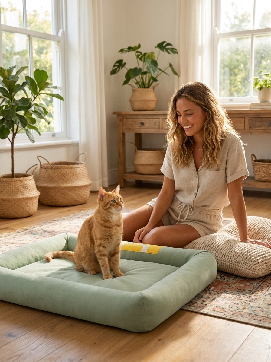 Cat sitting on the green Breeze cooling bed with a woman