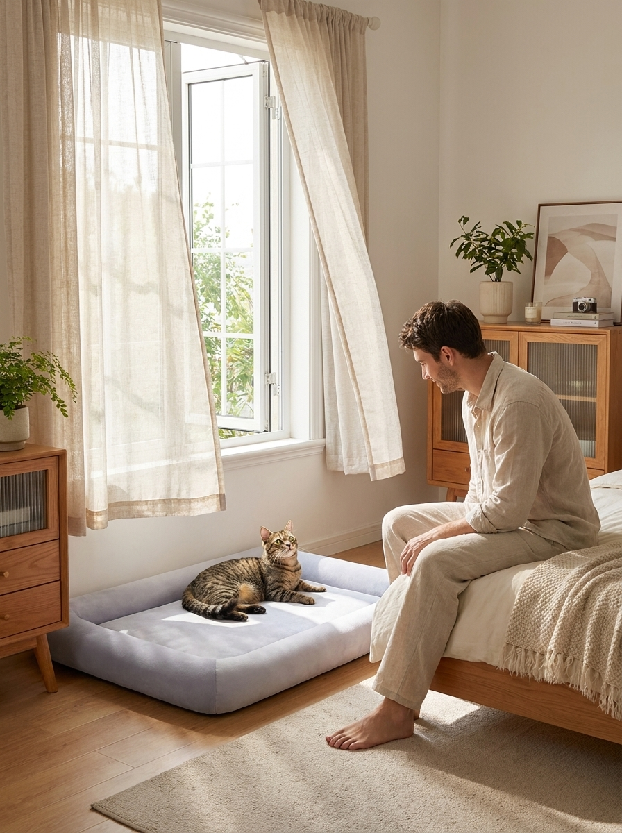 Cat lounging on the grey Breeze cooling bed by a window