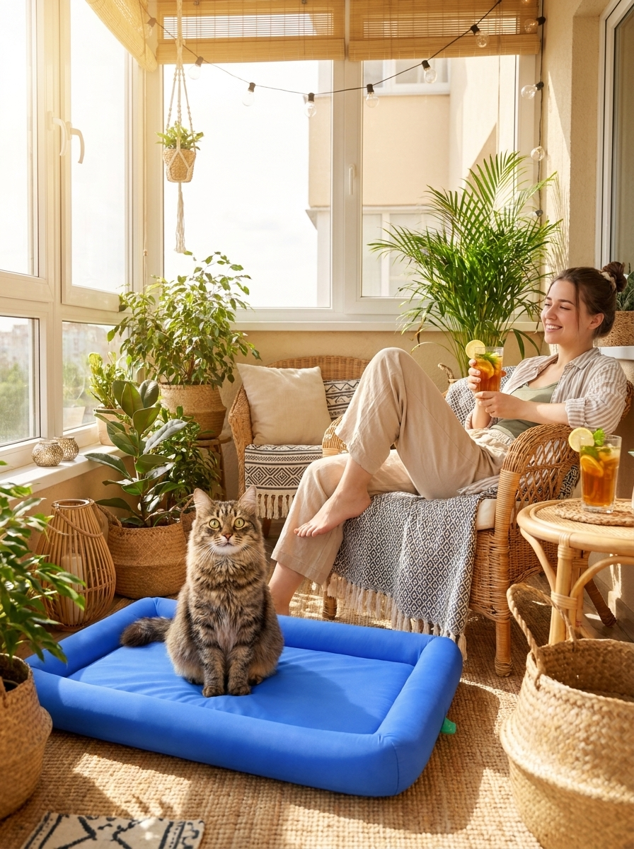 Cat on the blue Breeze cooling bed on a sunny balcony