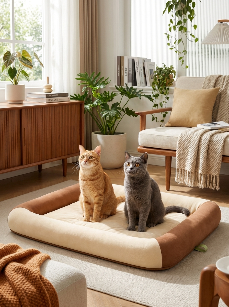 Two cats on the khaki Breeze cooling bed