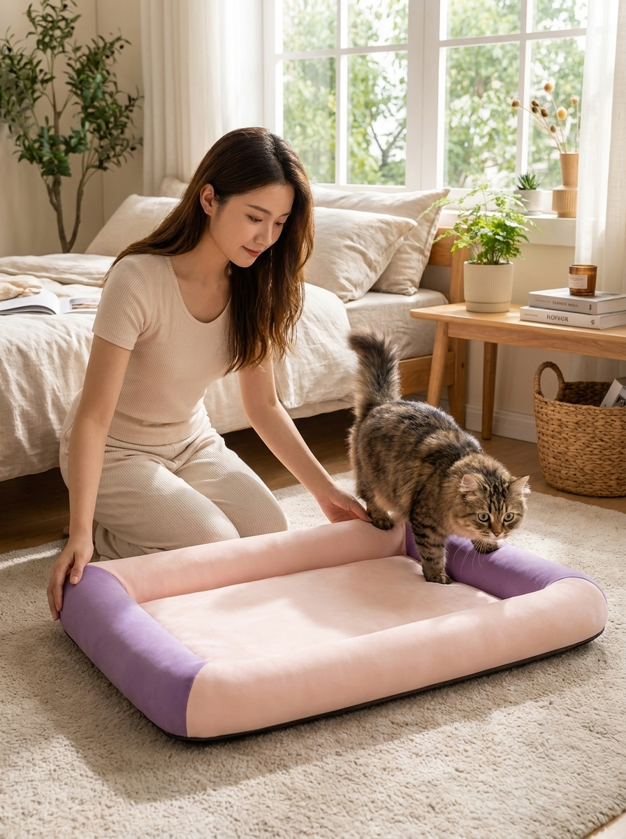 Cat stepping onto the purple Breeze cooling bed