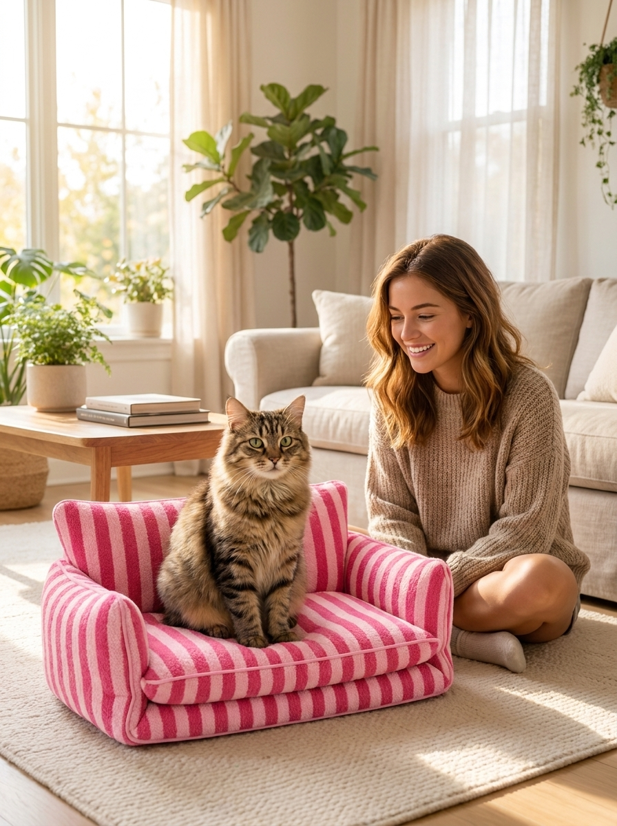 Cat sitting on the pink Bijou cat sofa with a woman