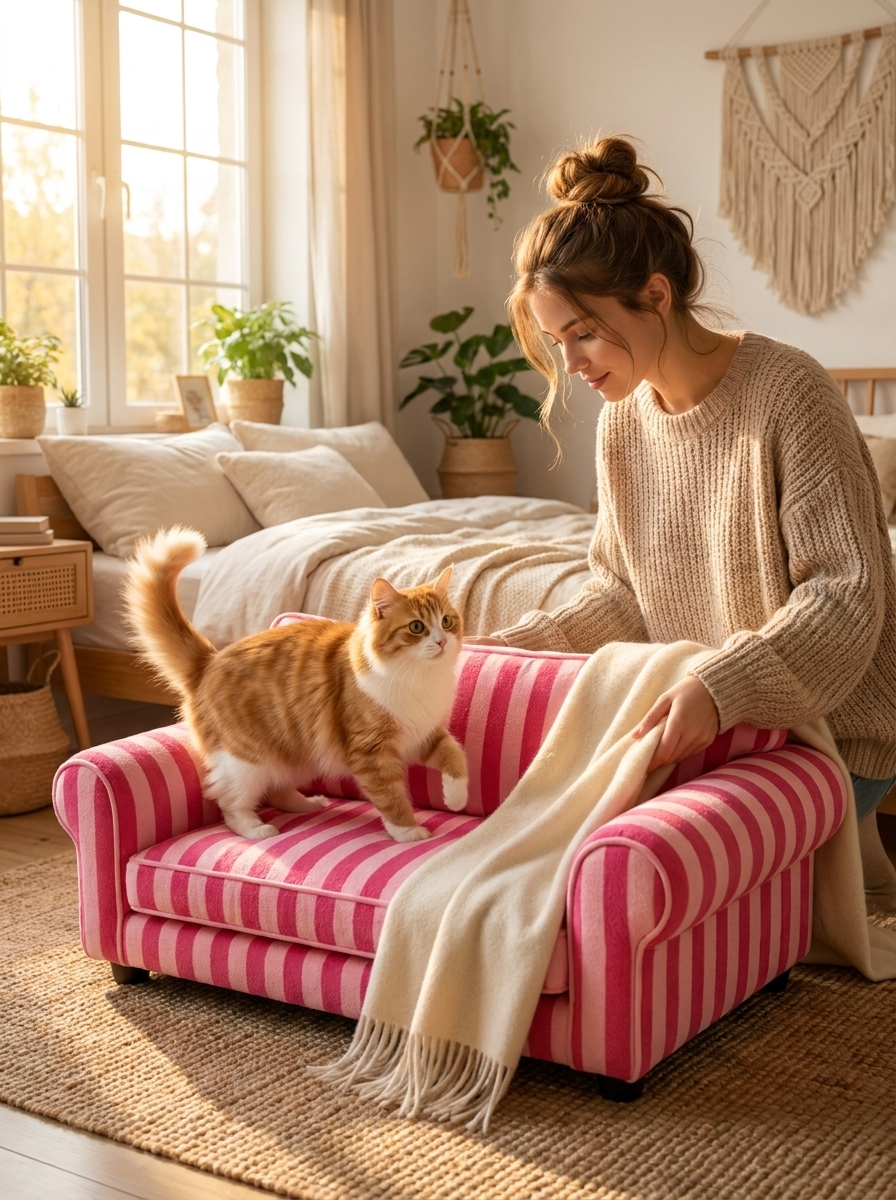 Cat stepping onto the pink Bijou cat sofa