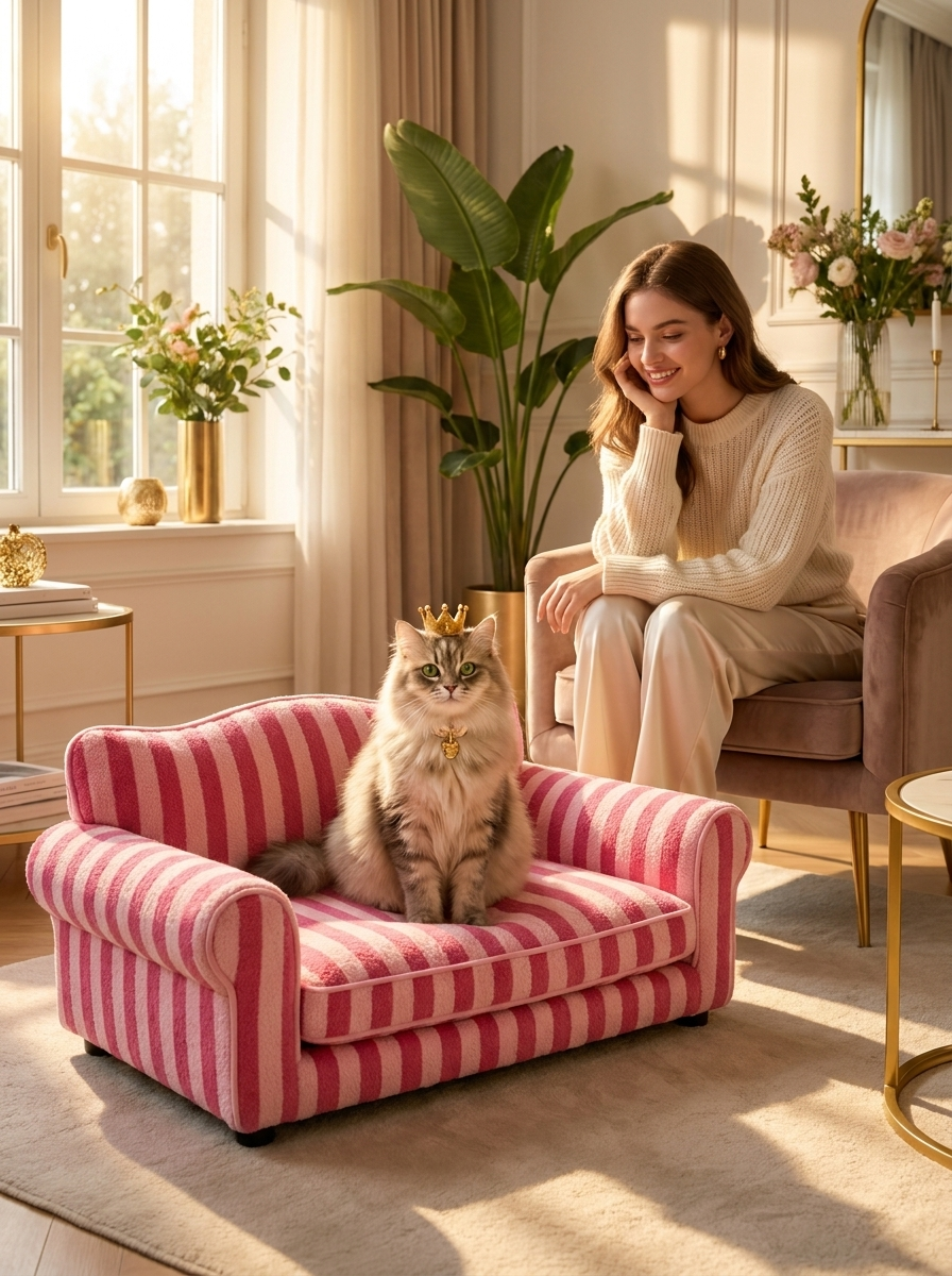 Cat sitting regally on the pink Bijou cat sofa