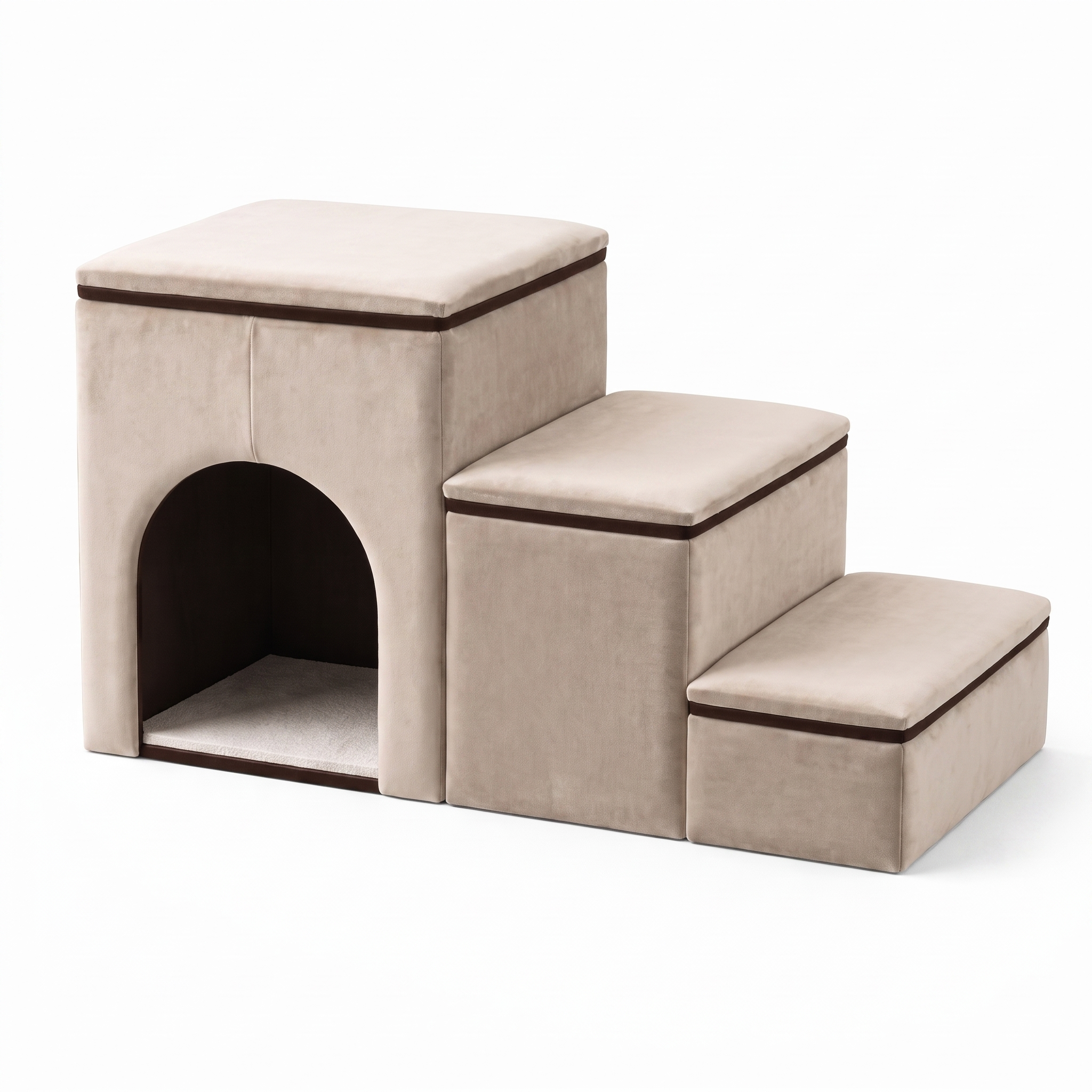 Beige Purrela Ascend folding cat stairs with storage and den, studio white background