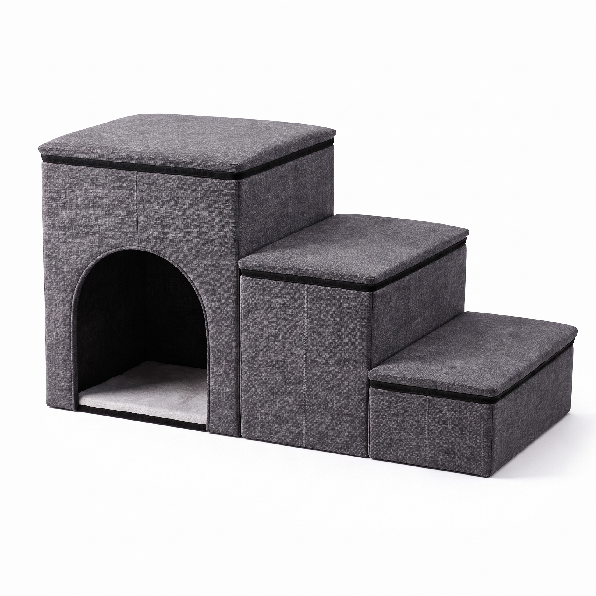 Grey Purrela Ascend folding cat stairs with storage and den, studio white background