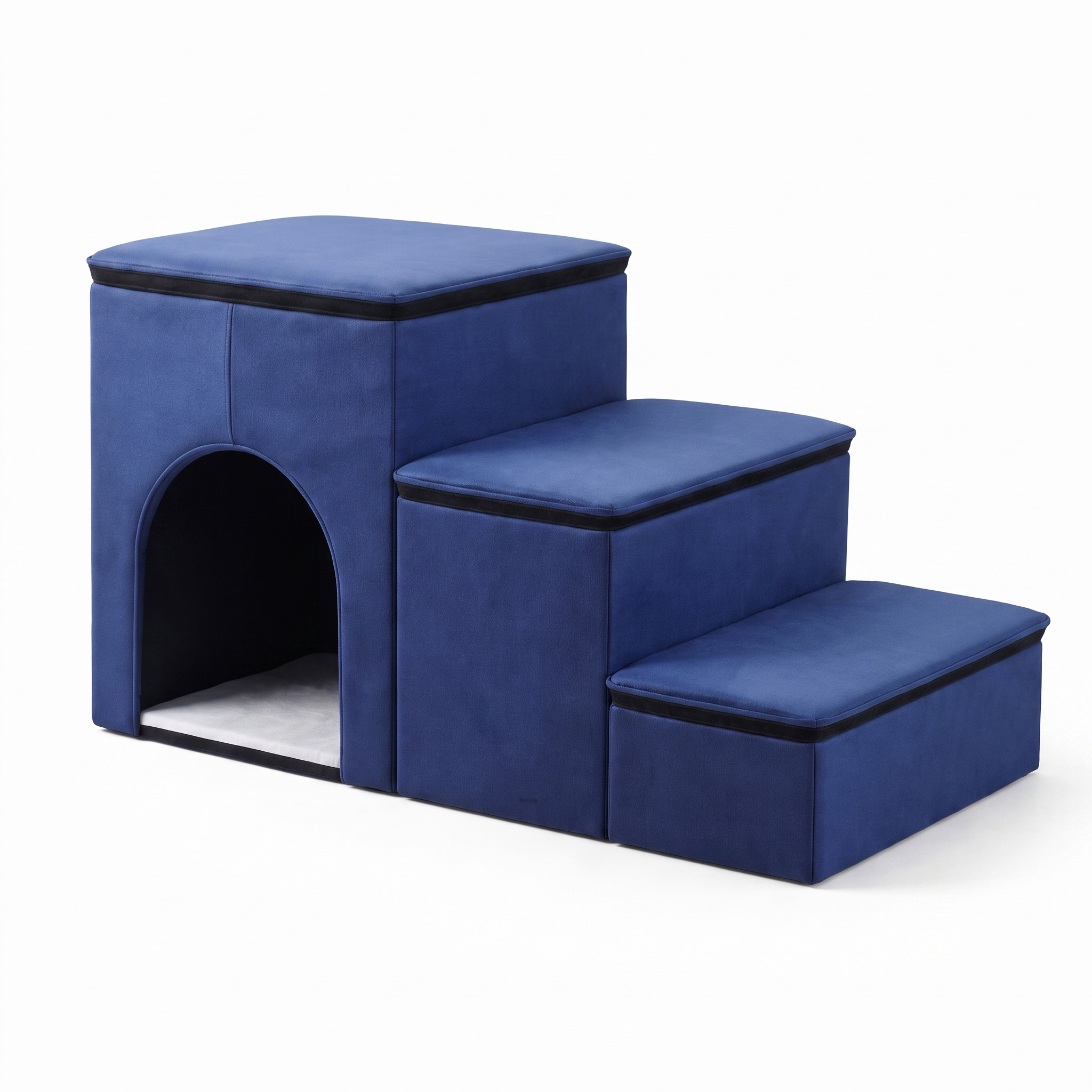 Navy blue Purrela Ascend folding cat stairs with storage and den, studio white background