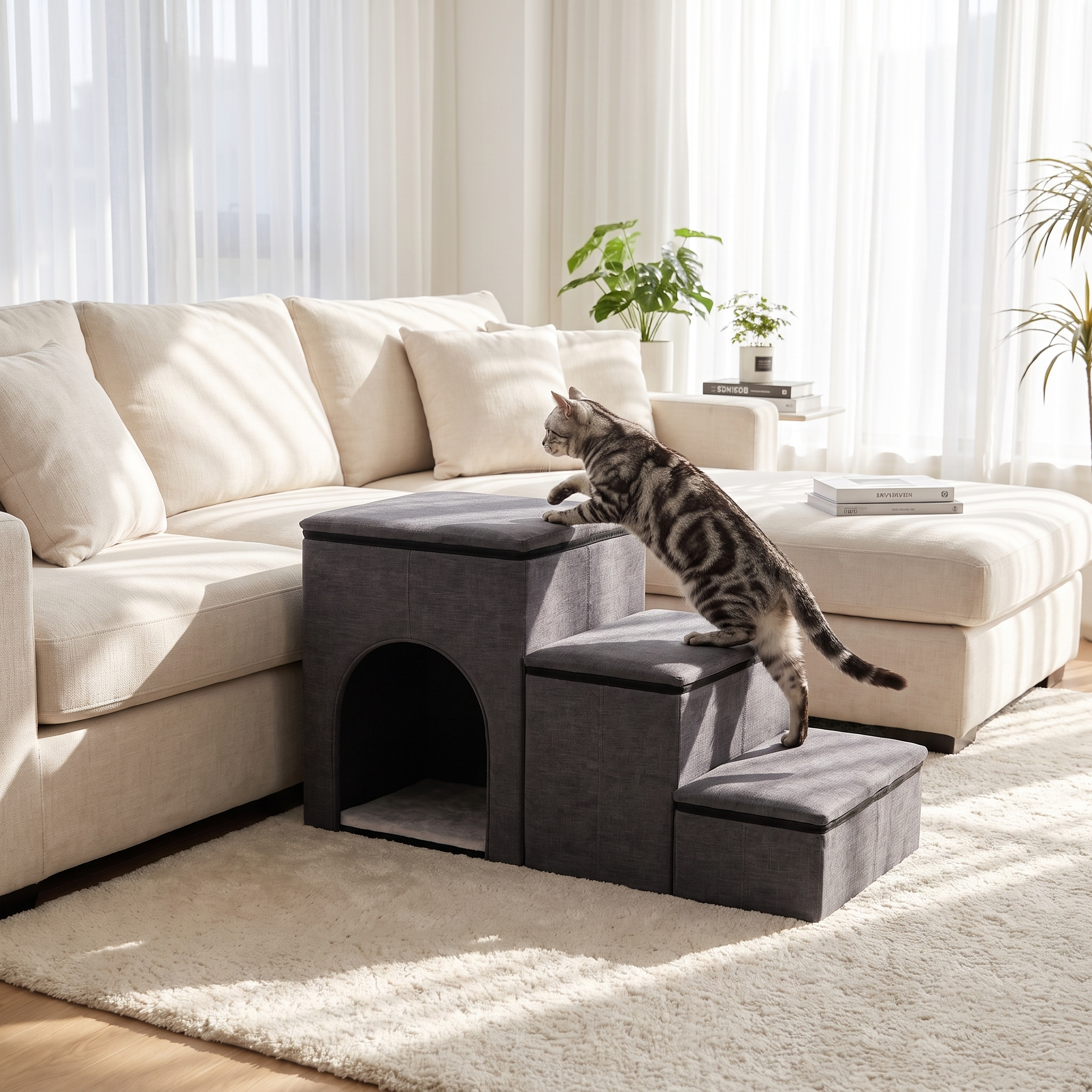 Silver tabby cat climbing grey Purrela Ascend folding cat stairs to a cream sofa