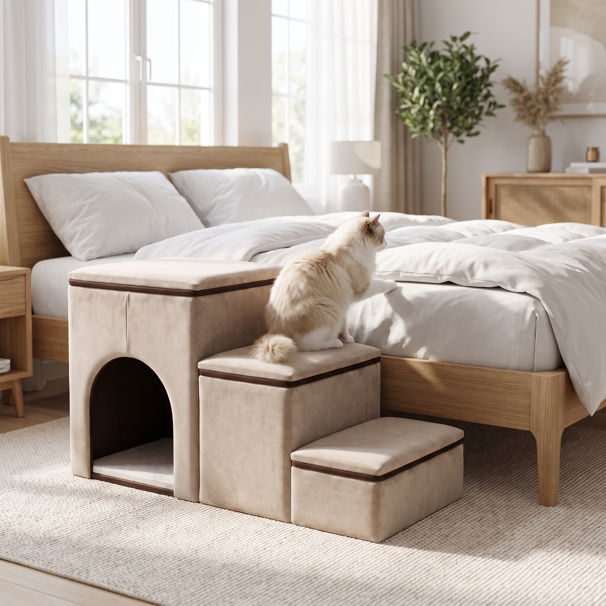 Cream cat stepping onto beige Purrela Ascend cat stairs beside a bed