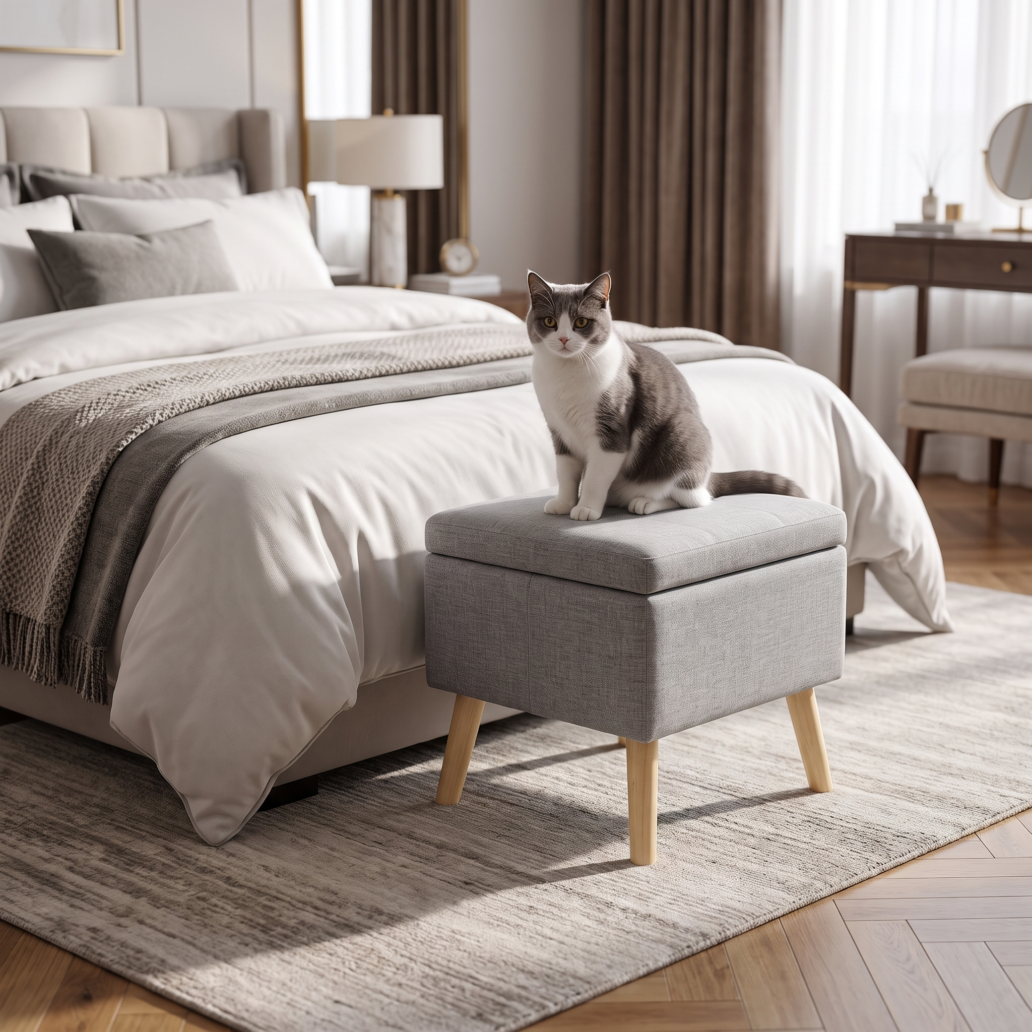 Cat sitting on the folded grey Crest unit in its stool mode