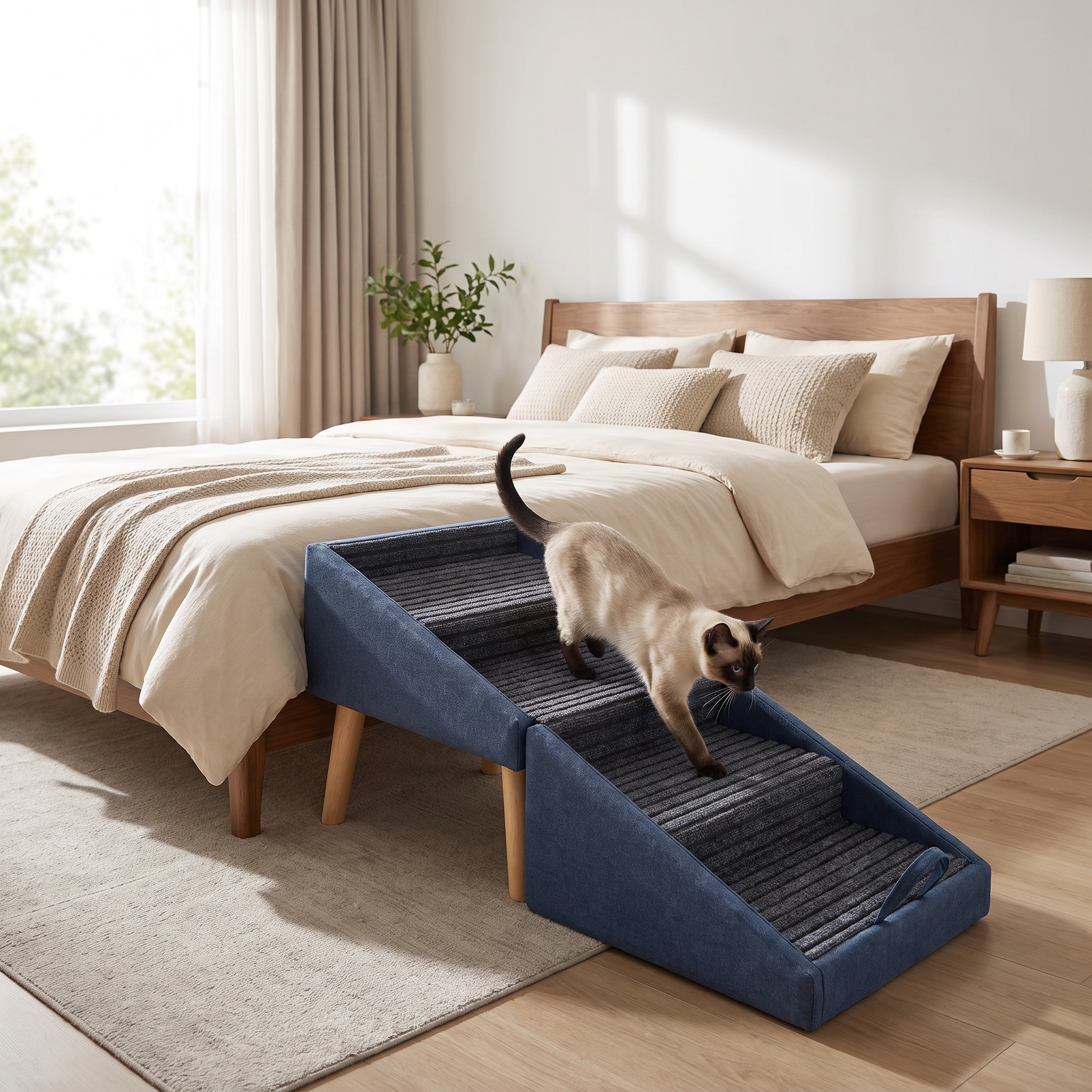 Siamese cat walking down the navy Crest cat stairs from a bed