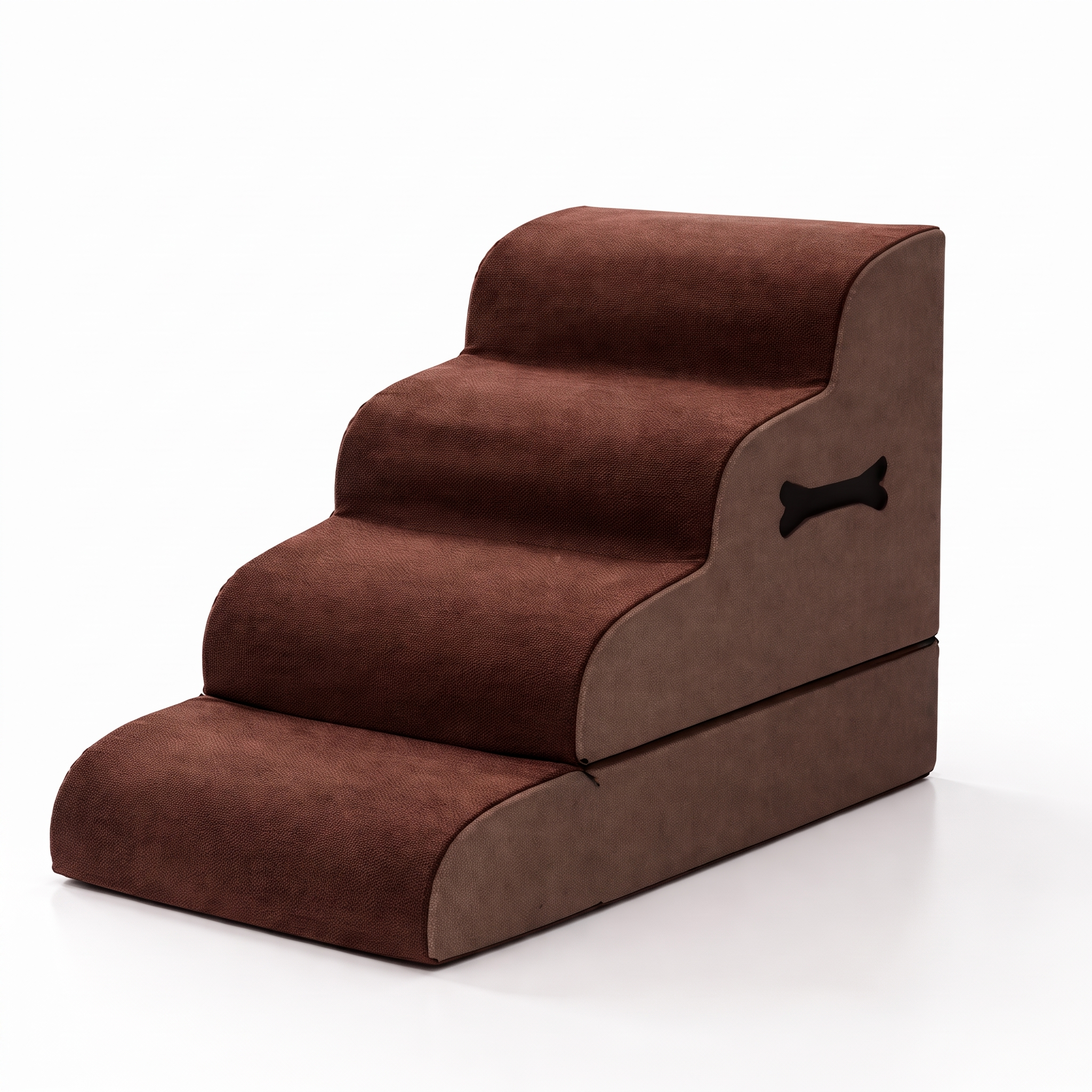 Brown Bloom plush foam cat stairs with bone tag, 4-step, studio white background