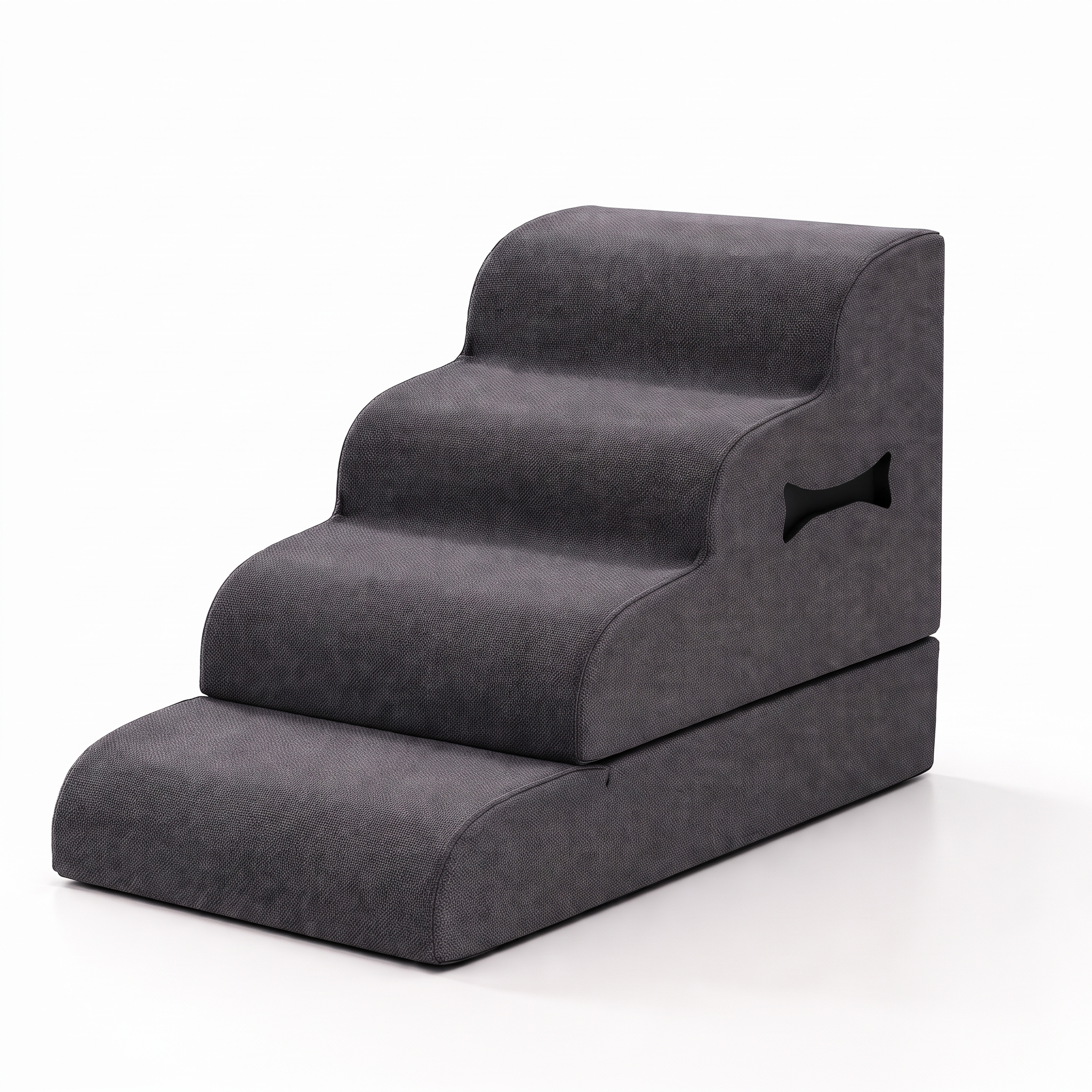 Grey Bloom plush foam cat stairs with bone tag, 4-step, studio white background
