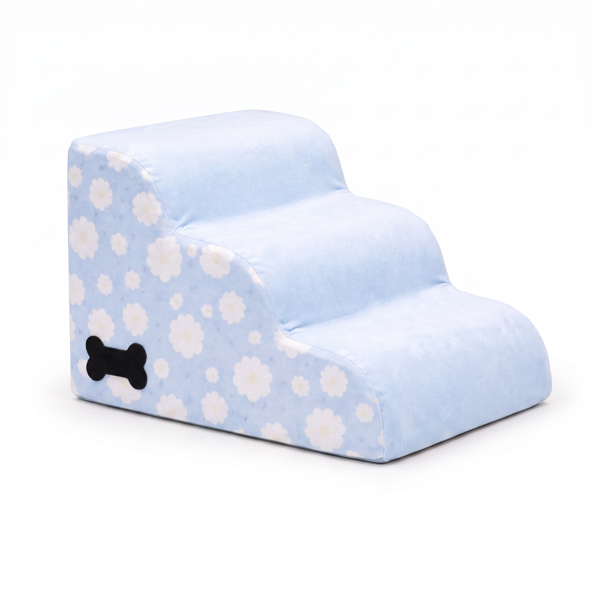 Blue daisy floral Bloom plush foam cat stairs with bone tag, 3-step, studio white background