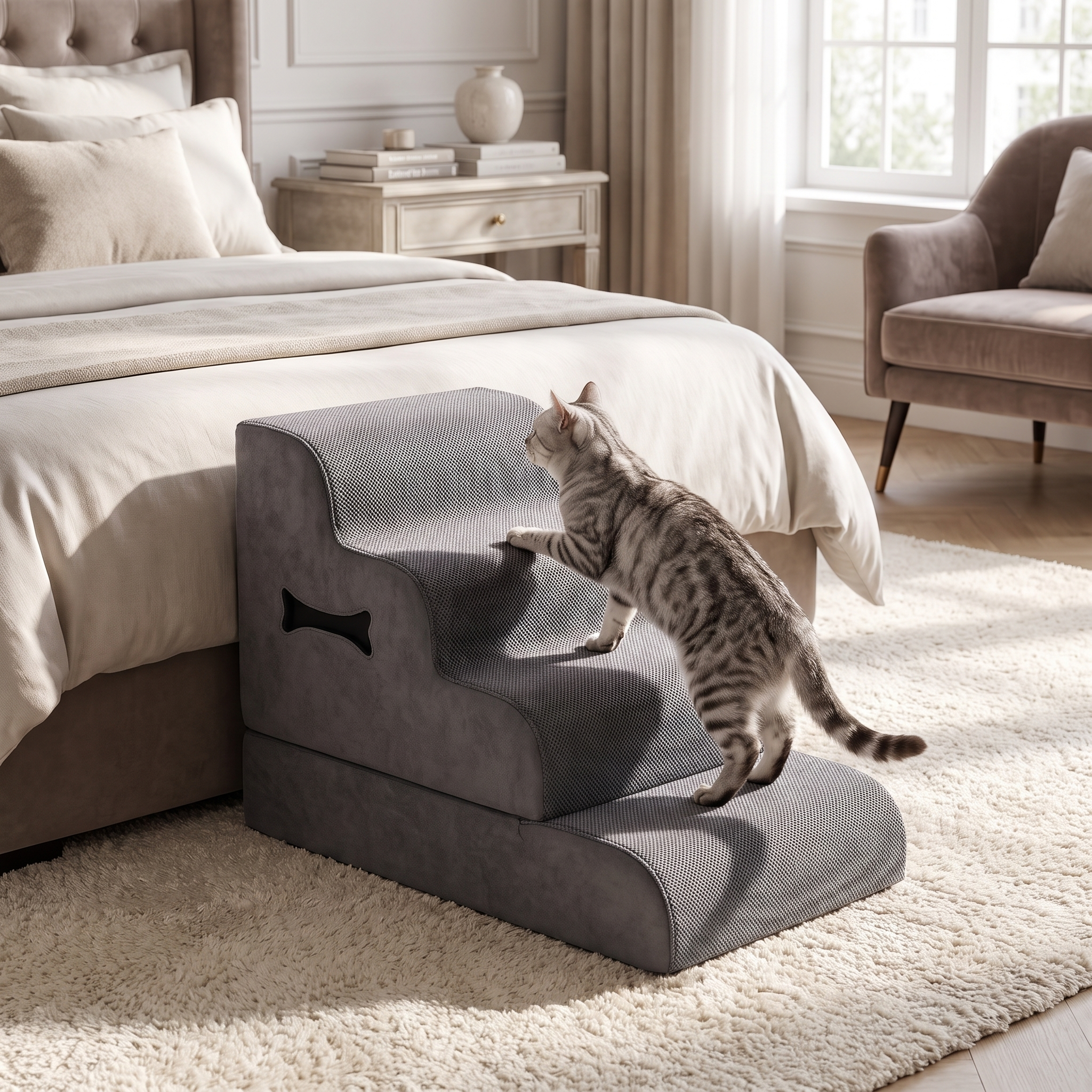 Silver tabby cat climbing grey Bloom cat stairs to a bed