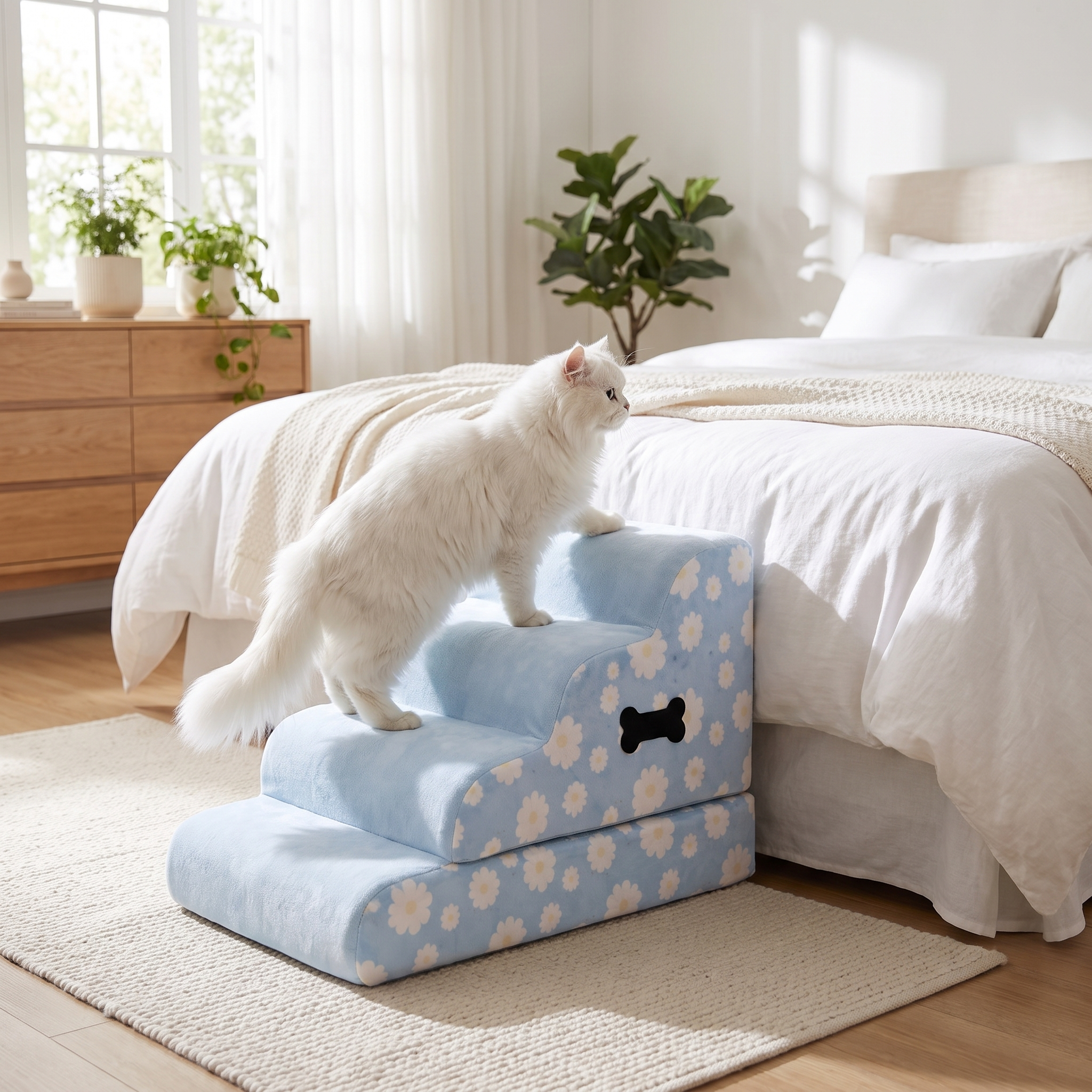 White cat climbing the blue daisy floral Bloom cat stairs by a bed