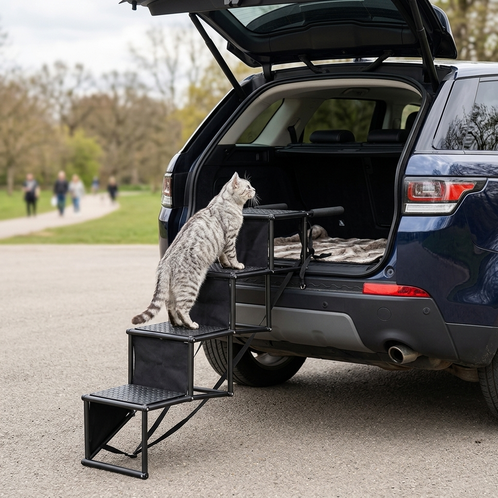 Cat climbing the Summit folding cat stairs into an SUV trunk