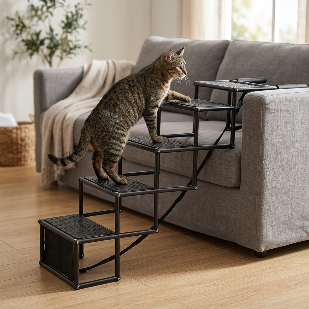 Cat using the Summit folding cat stairs beside a sofa