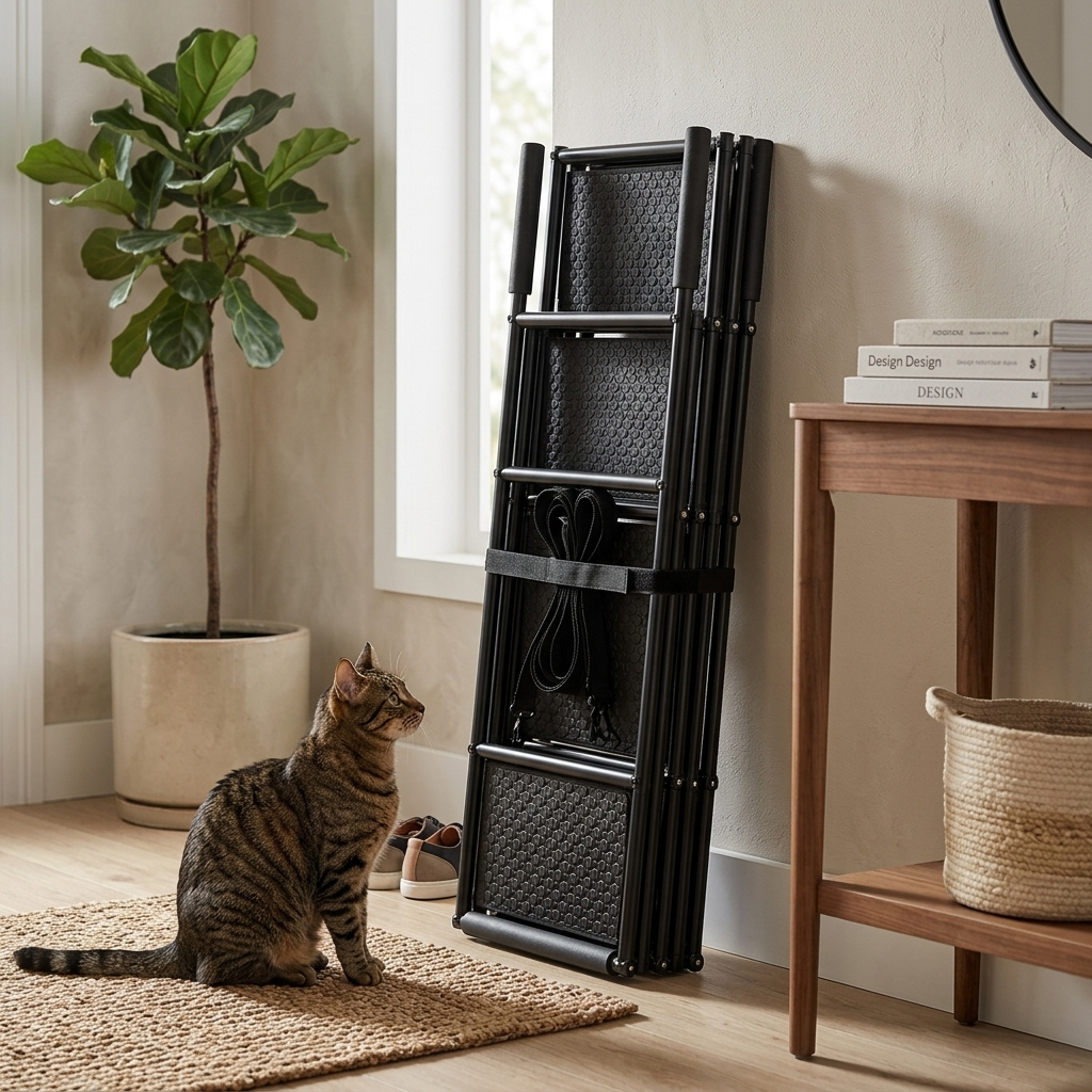 Summit cat stairs folded flat and compact for storage and travel