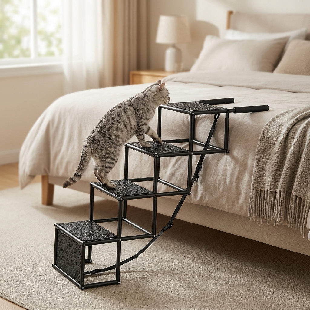 Cat climbing the Summit folding cat stairs up to a bed