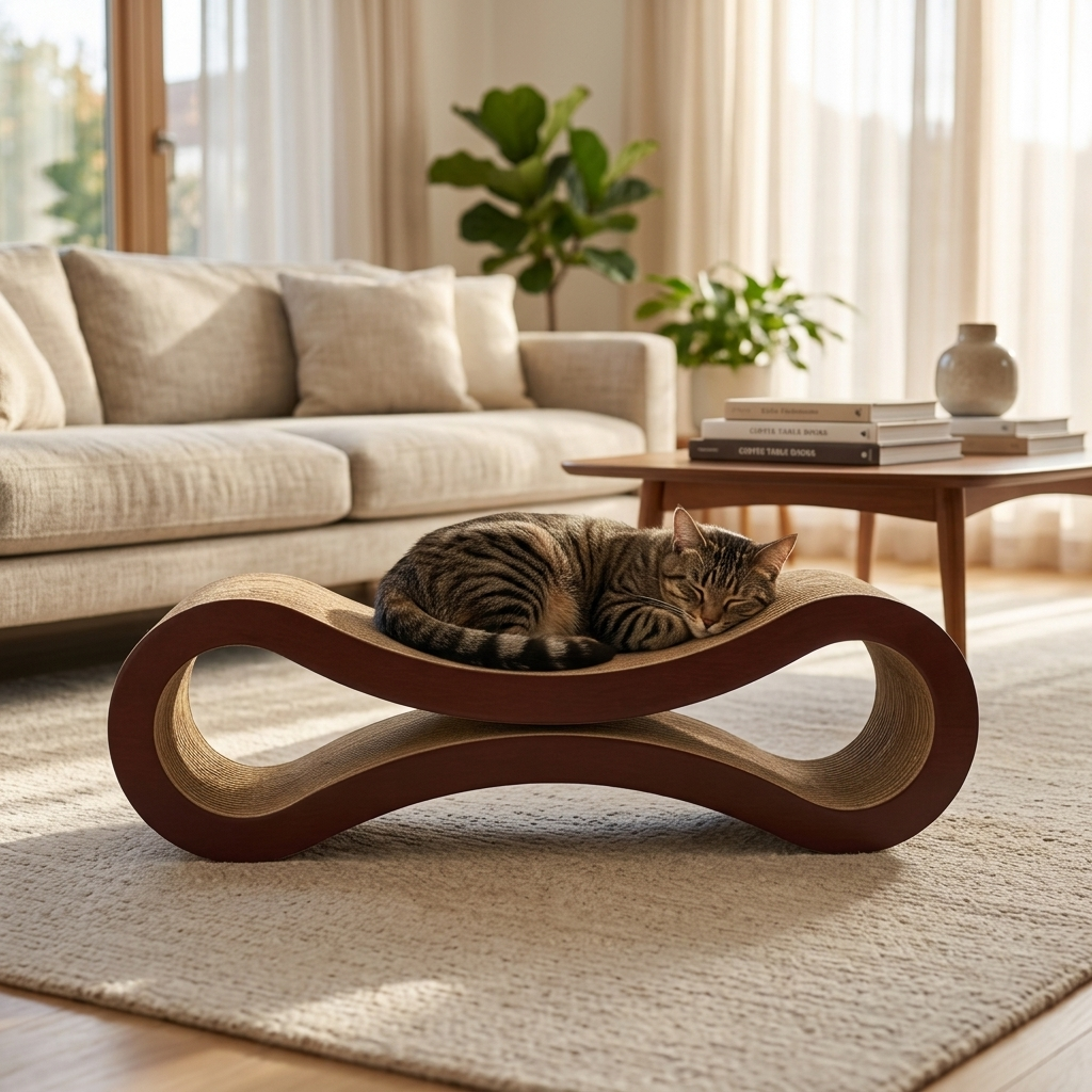 Cat lounging on the Wave cat scratcher in a living room