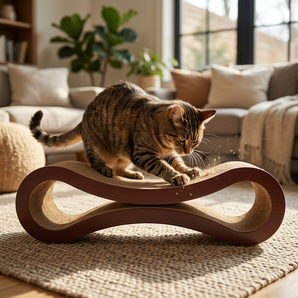 Cat scratching the corrugated cardboard surface of the Wave scratcher