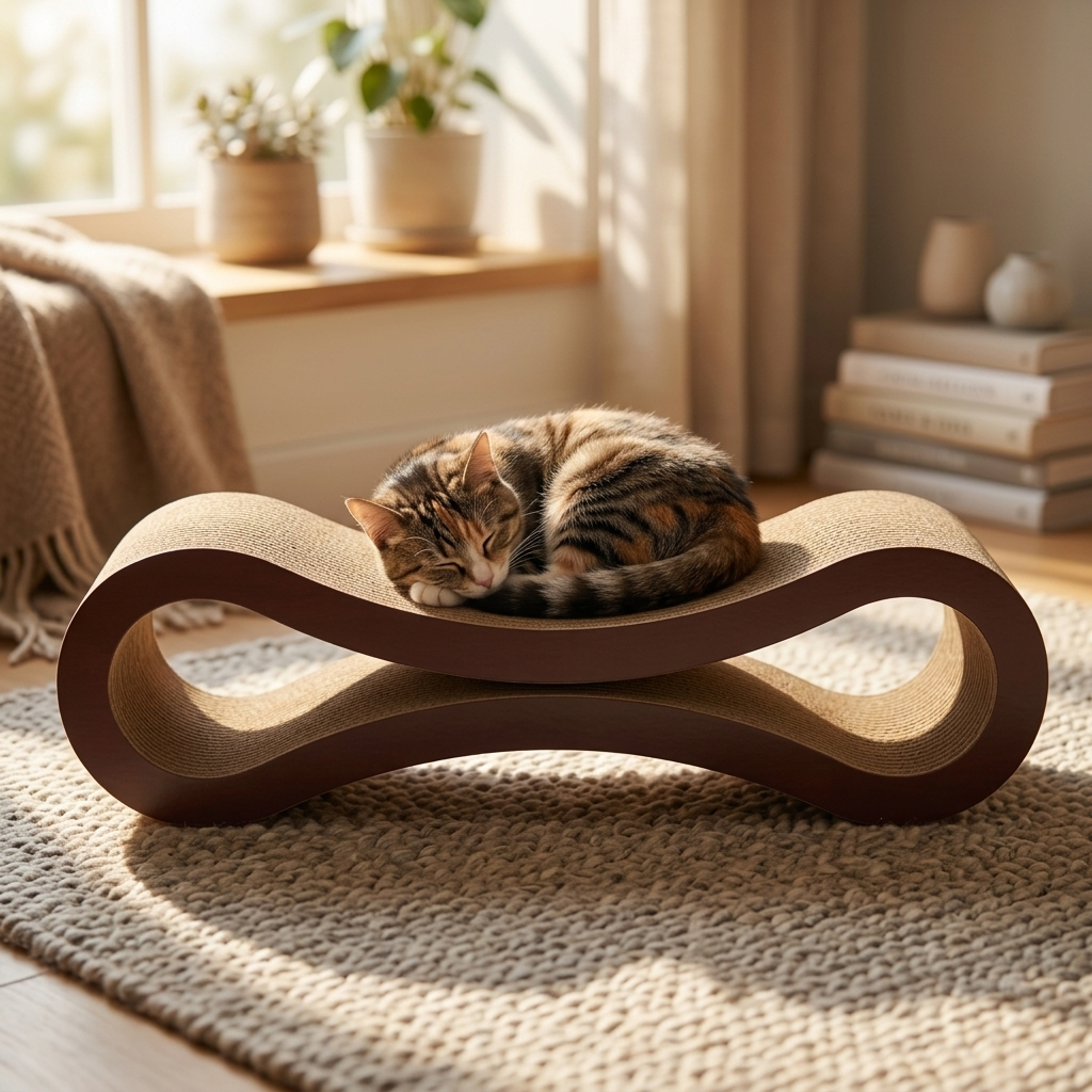 Cat curled asleep on the Wave cat scratcher lounge