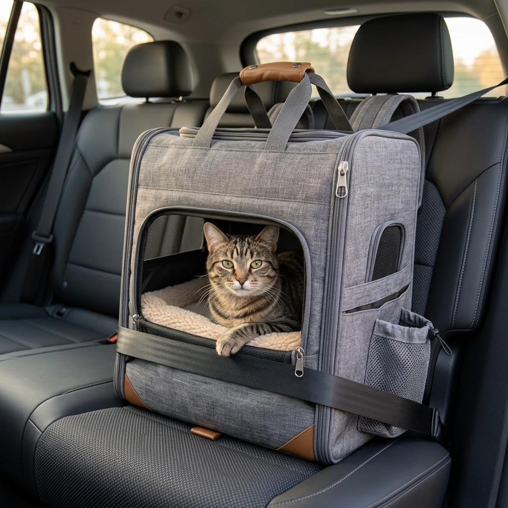 Nomad carrier secured with seatbelt on a car seat with a cat inside
