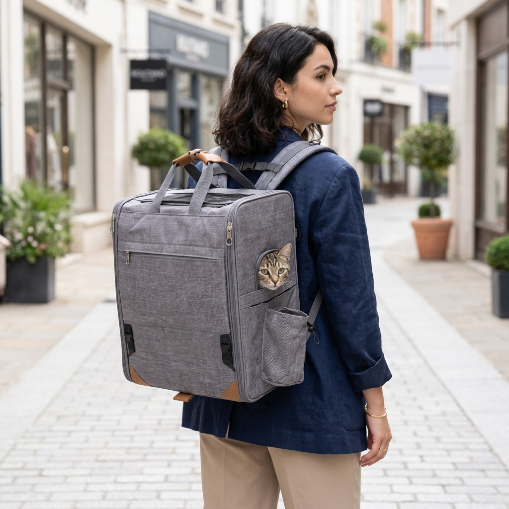 Woman carrying cat in the Nomad carrier on a city street