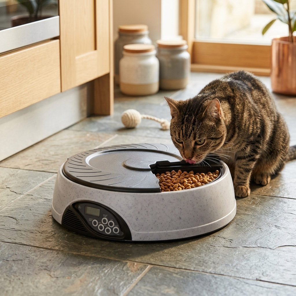Cat eating from the Tempo automatic feeder in a kitchen