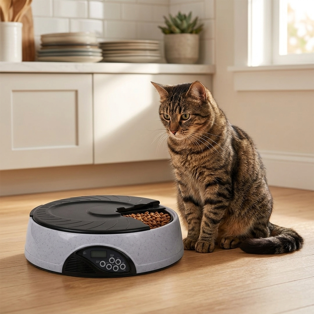 Cat waiting beside the Tempo automatic feeder for its scheduled meal