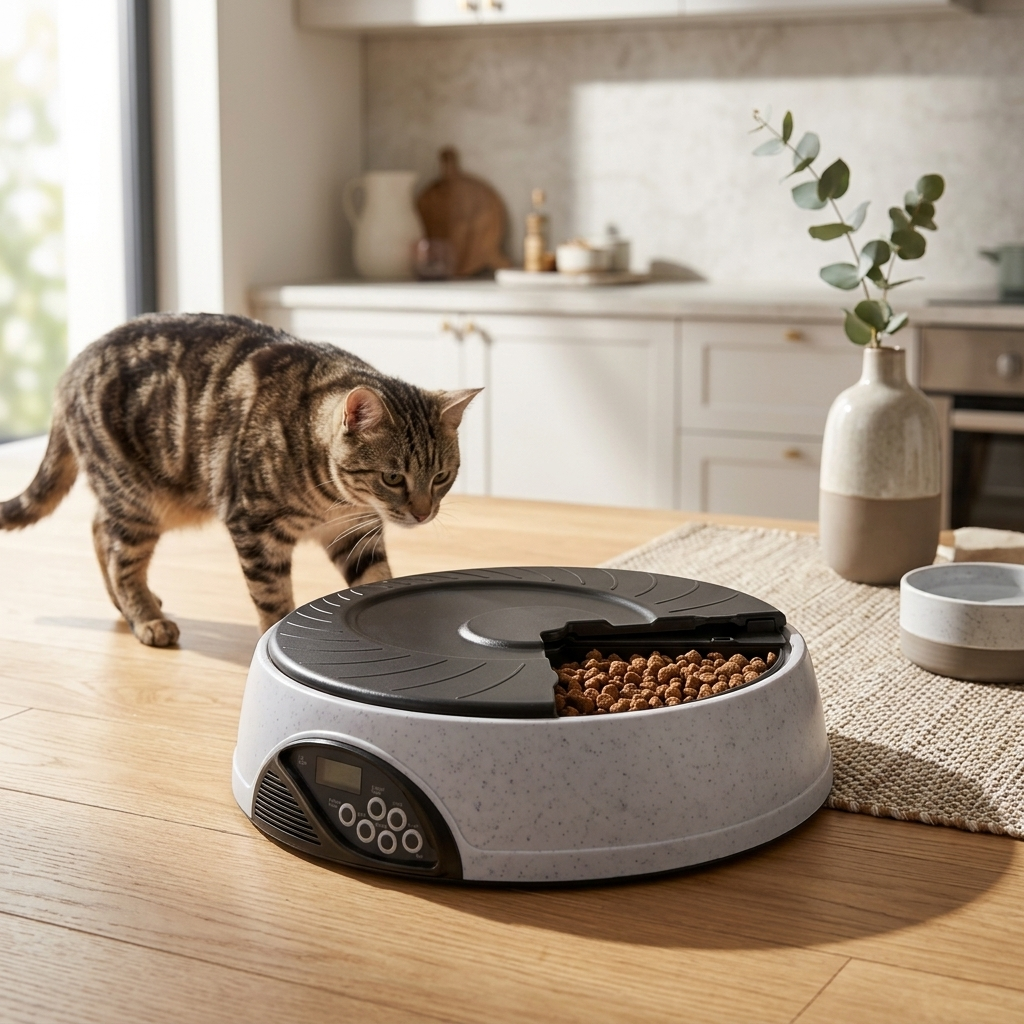 Tempo automatic feeder in a stylish kitchen with a cat approaching